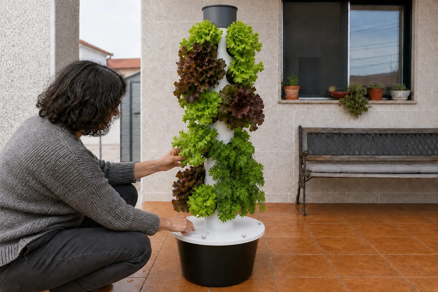 Persona revisando las hojas y el depósito de una torre hidropónica Bonxur